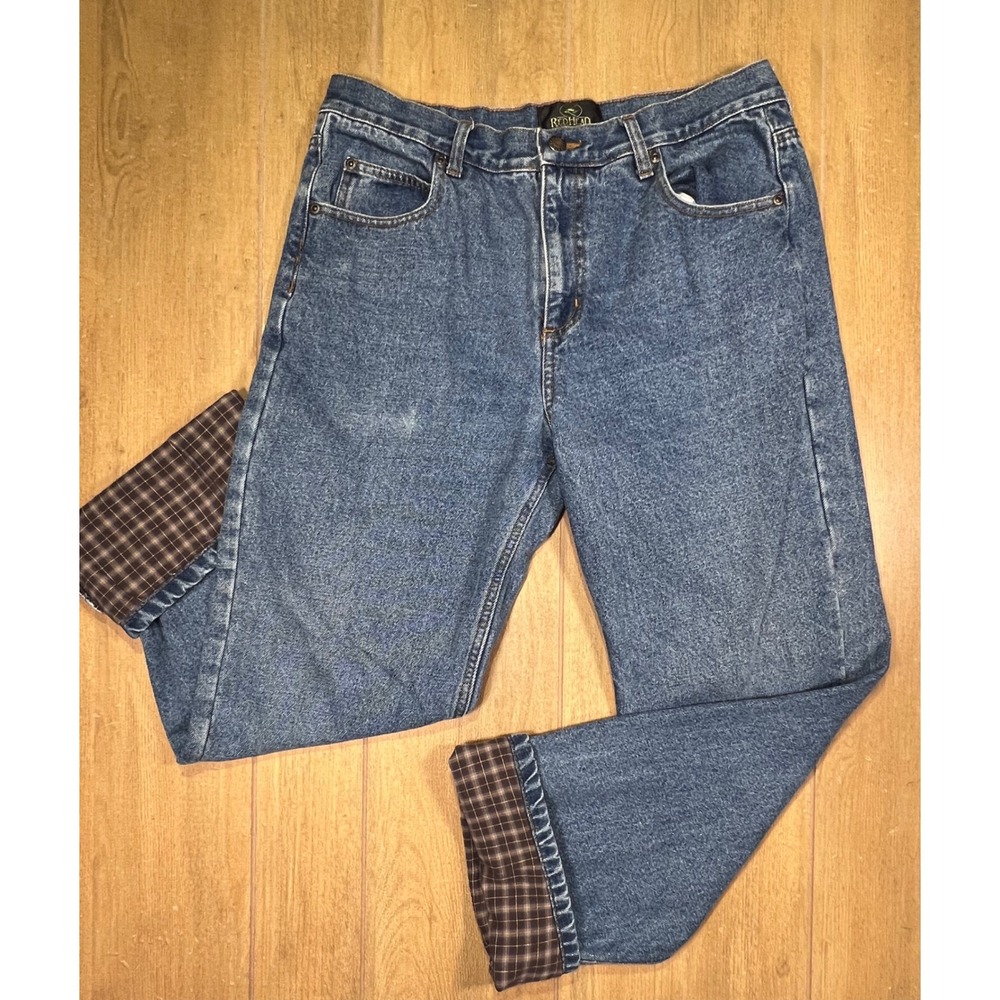RedHead Mens Flannel Lined Jeans Blue Denim Plaid Straight Leg 33x30